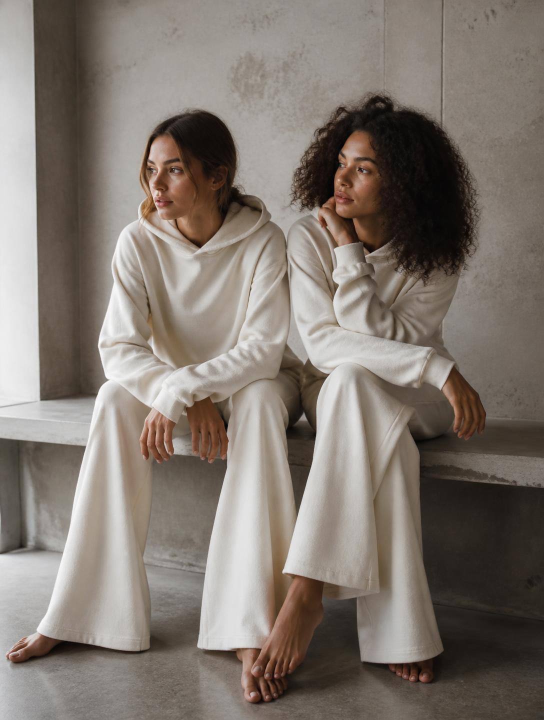 Two models in cream loungewear on a concrete bench